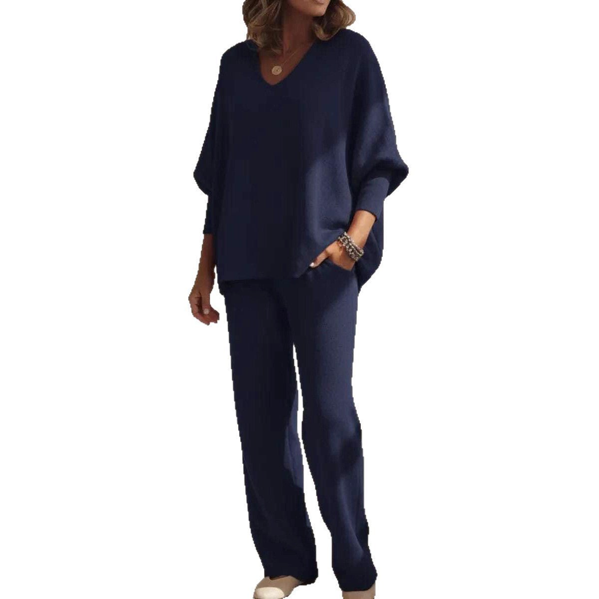 V-neck Long-sleeved Top Knitted Home Pants Suit 2-piece Set - Vintress Fashion