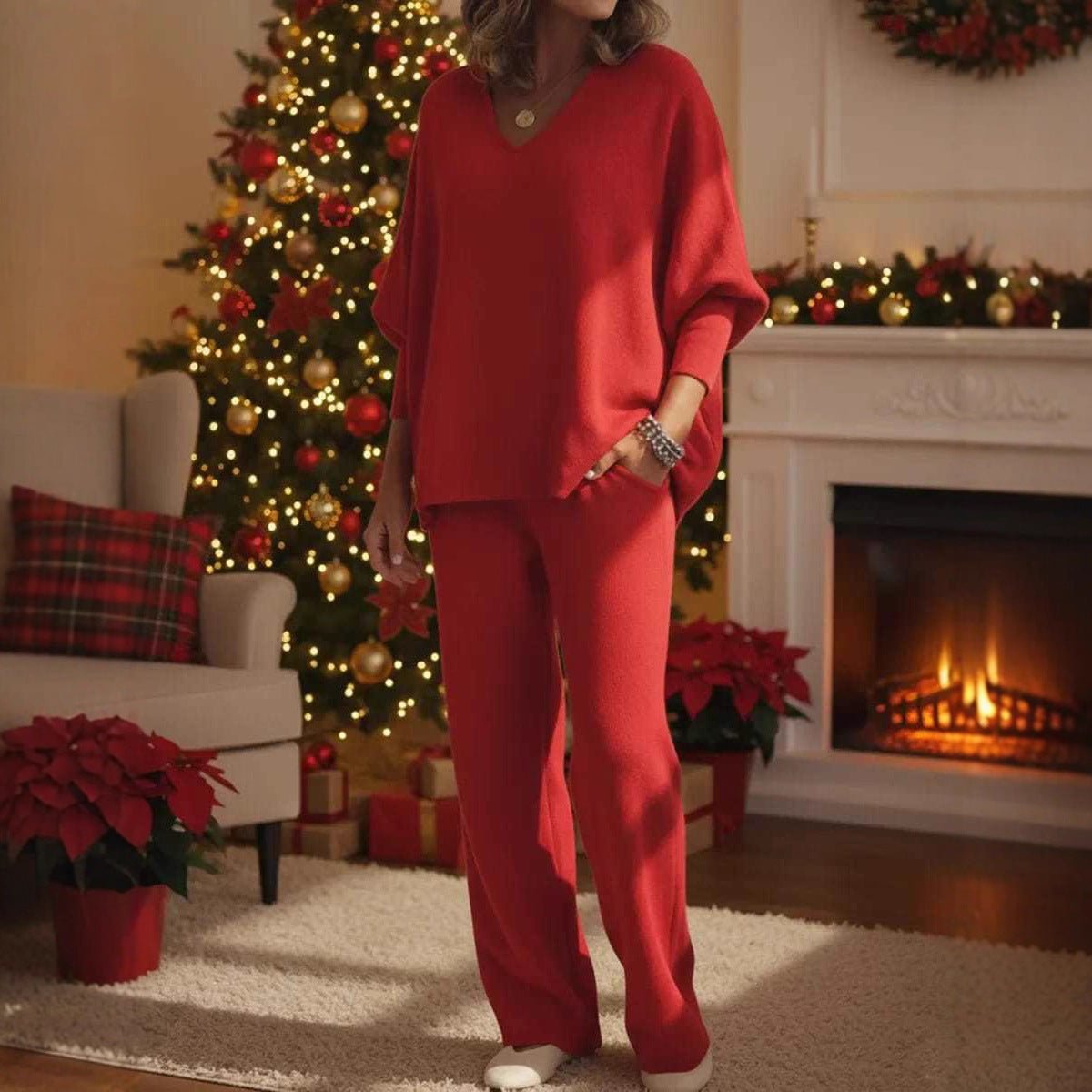 V-neck Long-sleeved Top Knitted Home Pants Suit 2-piece Set - Vintress Fashion