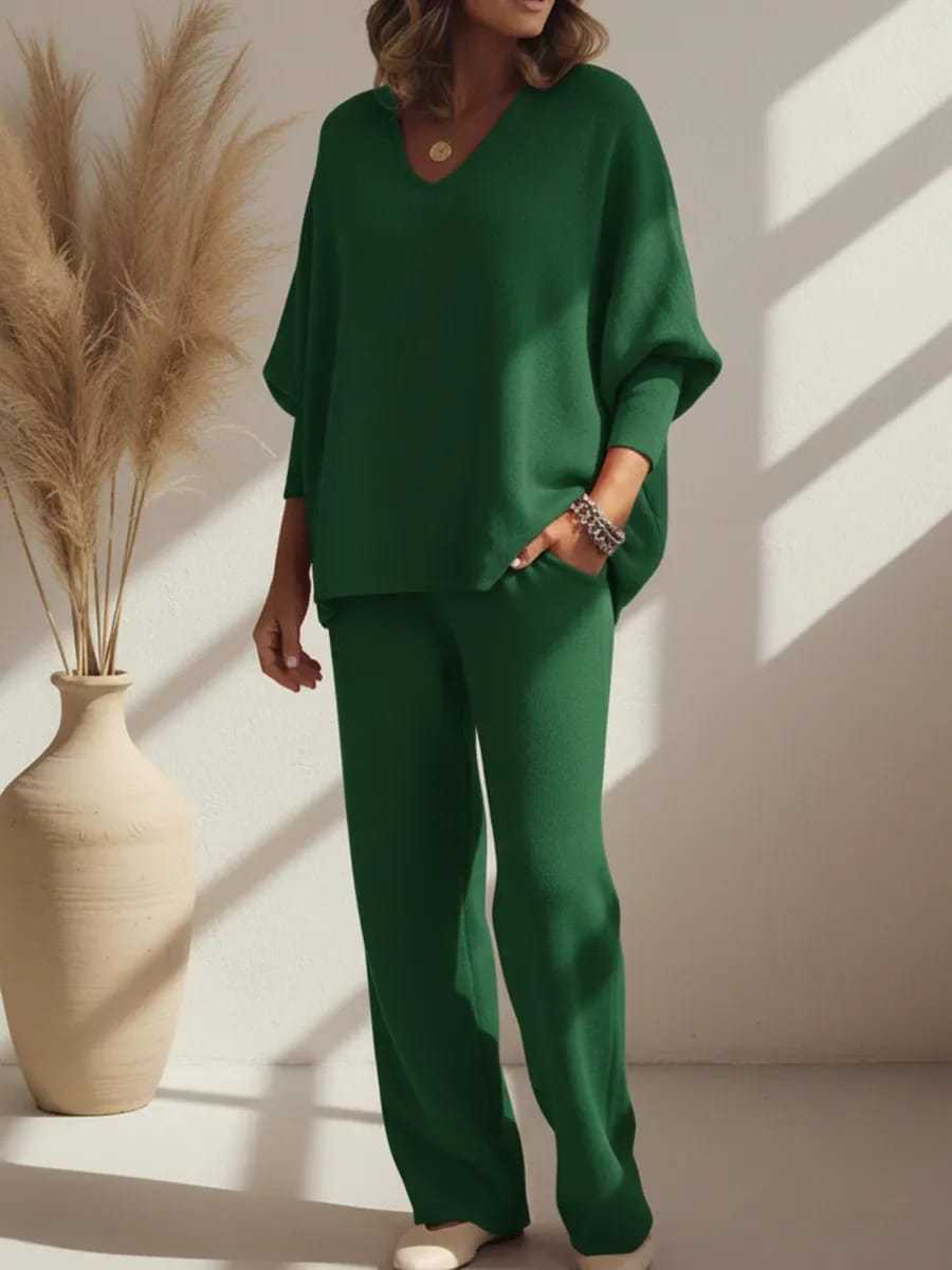 V-neck Long-sleeved Top Knitted Home Pants Suit 2-piece Set - Vintress Fashion