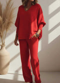 V-neck Long-sleeved Top Knitted Home Pants Suit 2-piece Set - Vintress Fashion