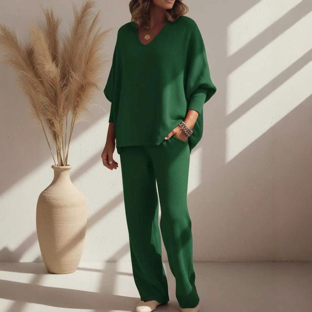 V-neck Long-sleeved Top Knitted Home Pants Suit 2-piece Set - Vintress Fashion