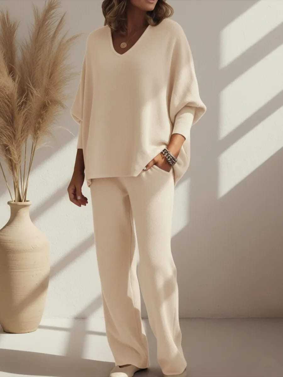 V-neck Long-sleeved Top Knitted Home Pants Suit 2-piece Set - Vintress Fashion