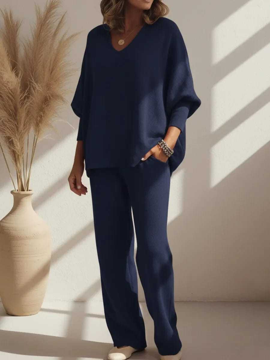V-neck Long-sleeved Top Knitted Home Pants Suit 2-piece Set - Vintress Fashion