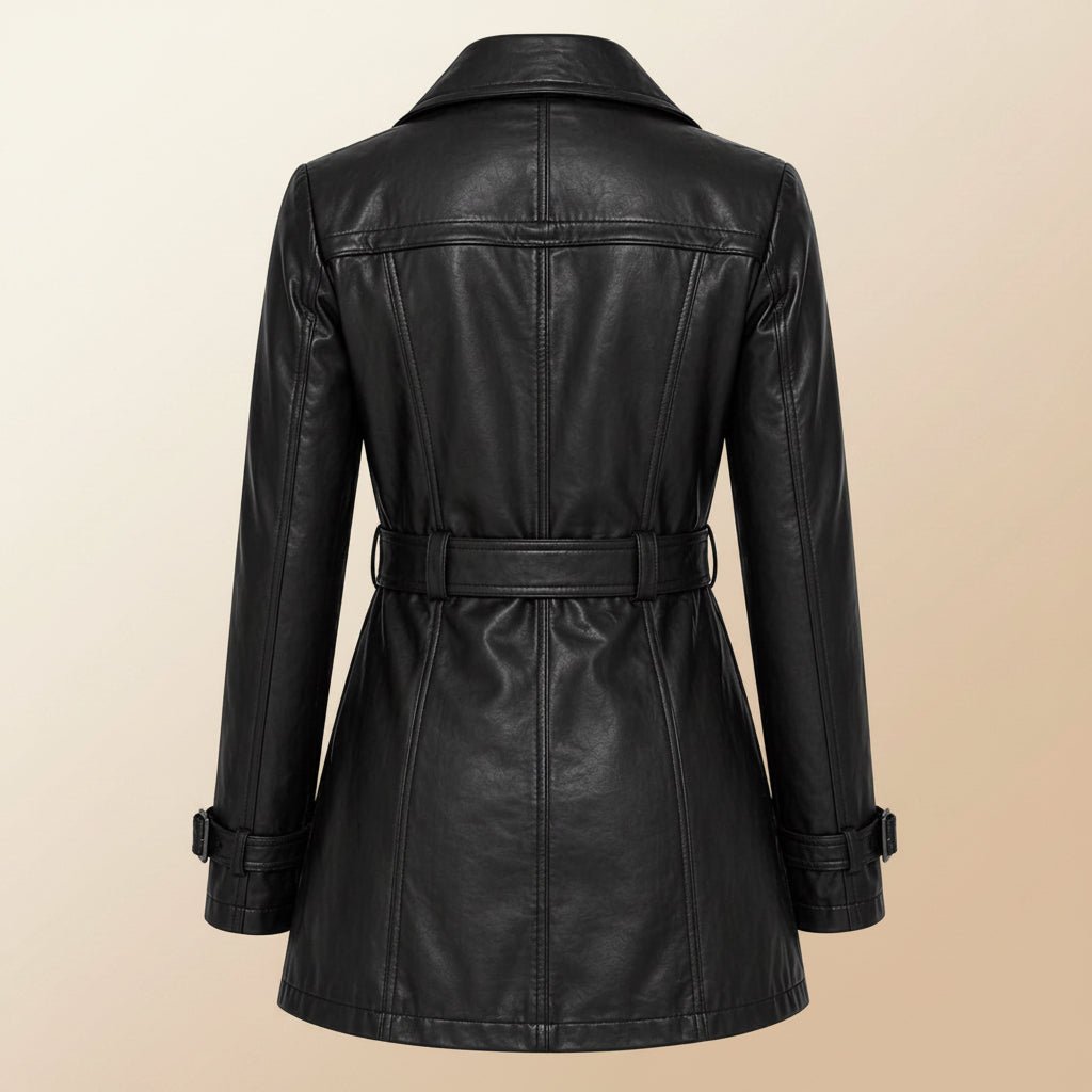 Women's Leather Belted Trench Car Coat | Black - Vintress Fashion