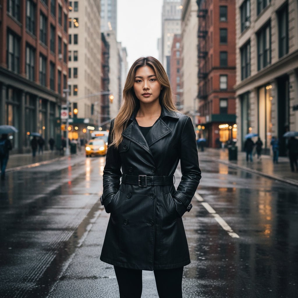 Women's Leather Belted Trench Car Coat | Black - Vintress Fashion