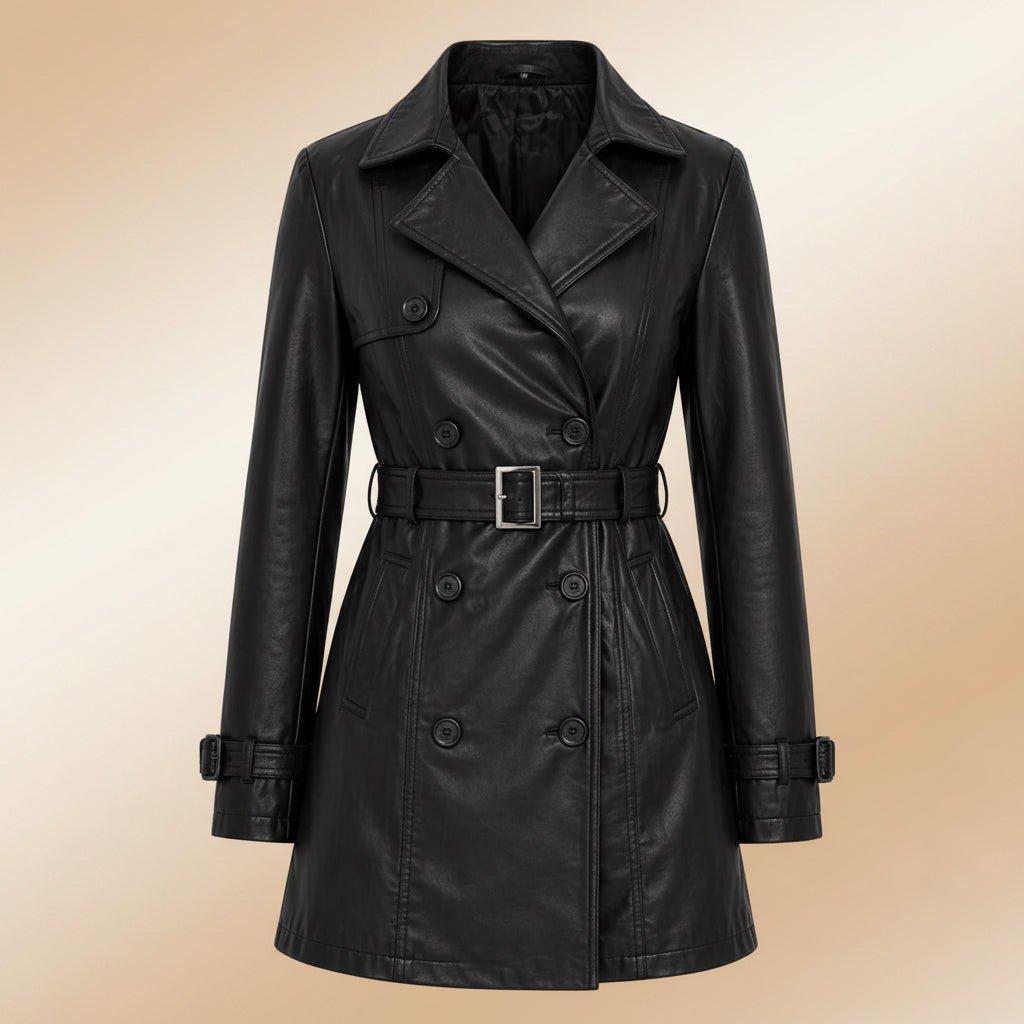 Women's Leather Belted Trench Car Coat | Black - Vintress Fashion