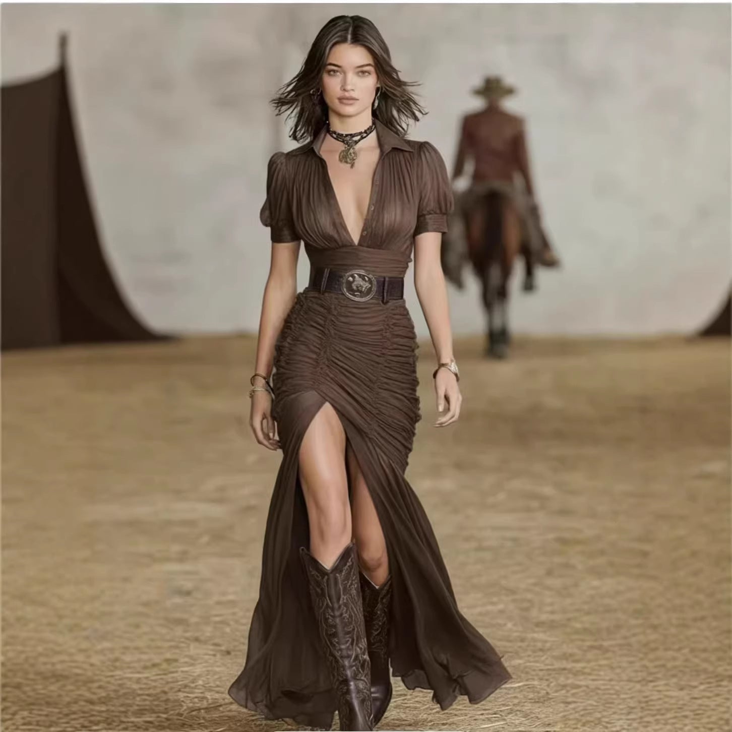 Womens Pleated Collar Button-front Short-sleeve Waist-length Dress Belt Not Included - Vintress Fashion