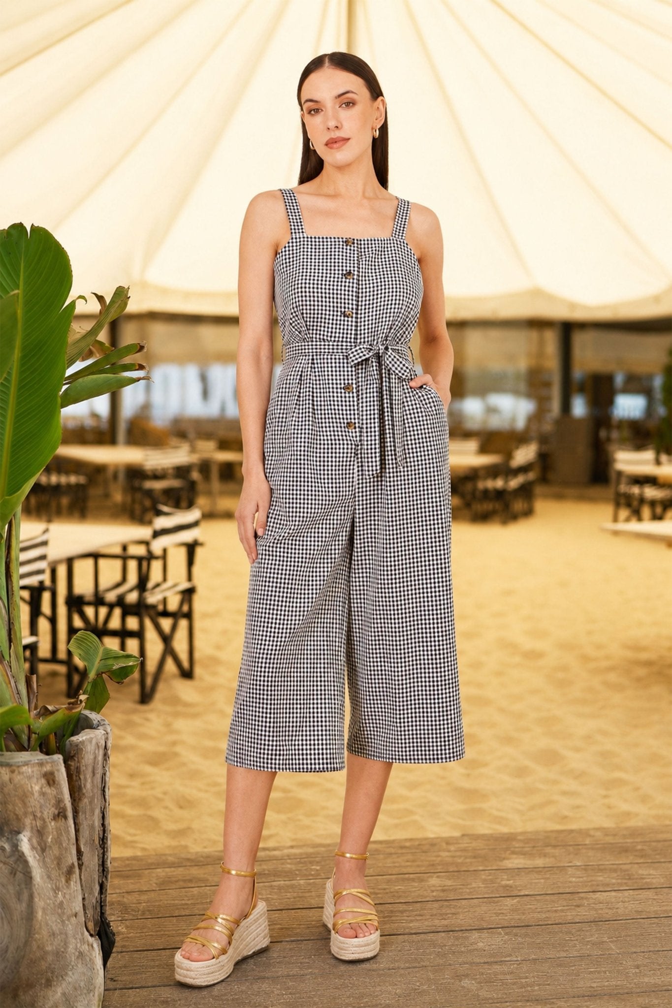 Yumi Black Gingham Button Through Jumpsuit - Vintress Fashion