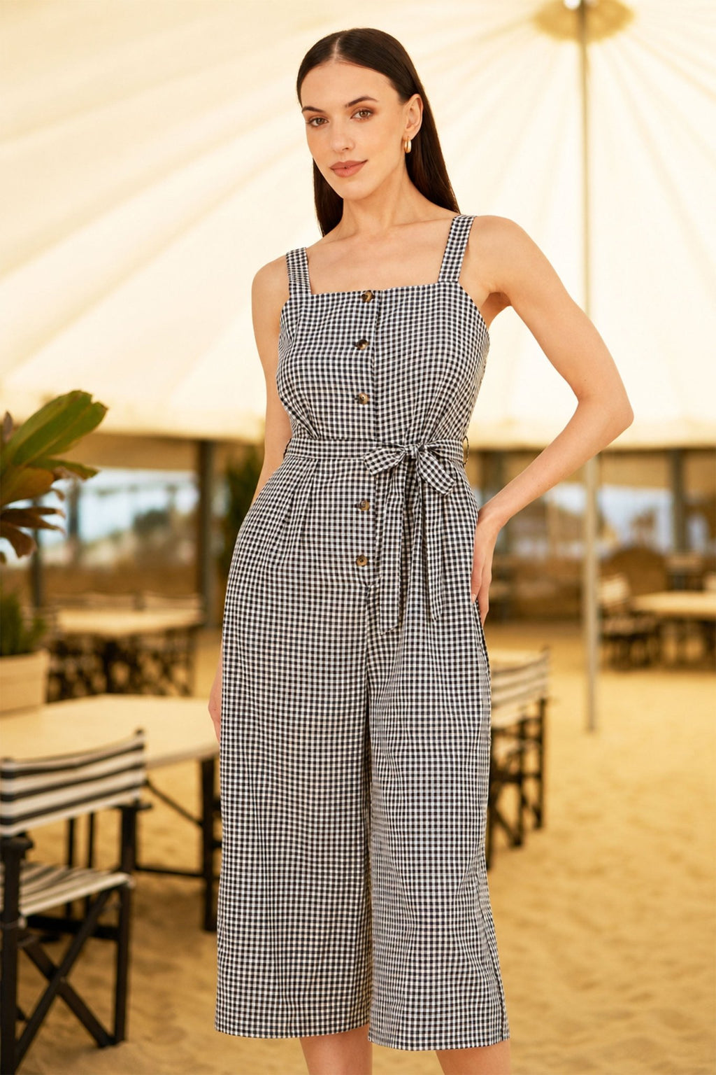 Yumi Black Gingham Button Through Jumpsuit - Vintress Fashion
