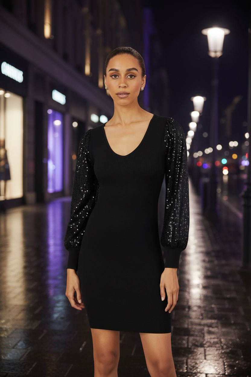 Yumi Black Knitted Fitted Dress With Sequin Sleeves - Vintress Fashion