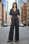 Yumi Black Metallic Pleated Jumpsuit With V Neck - Vintress Fashion