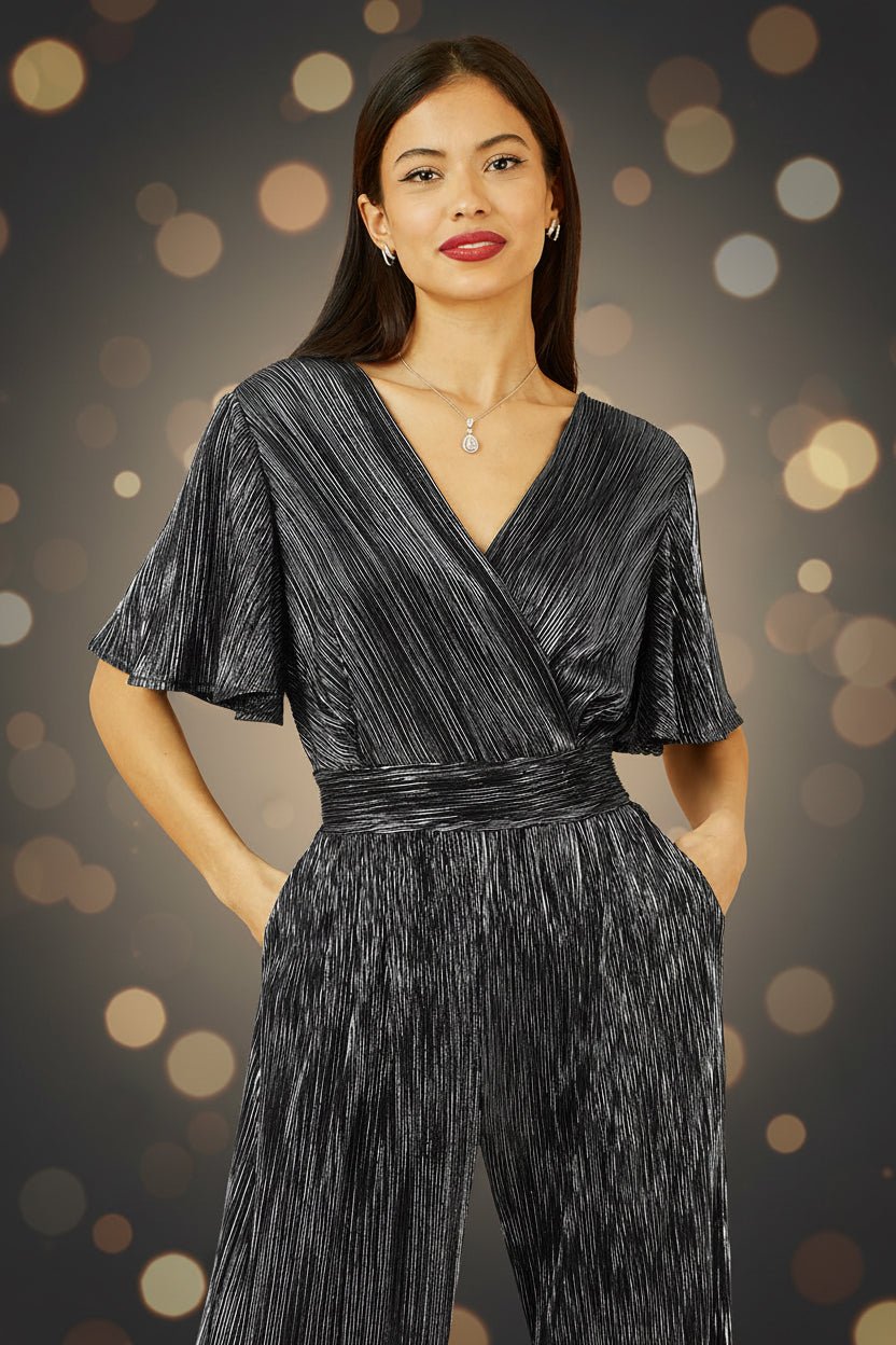 Yumi Black Metallic Pleated Jumpsuit With V Neck - Vintress Fashion