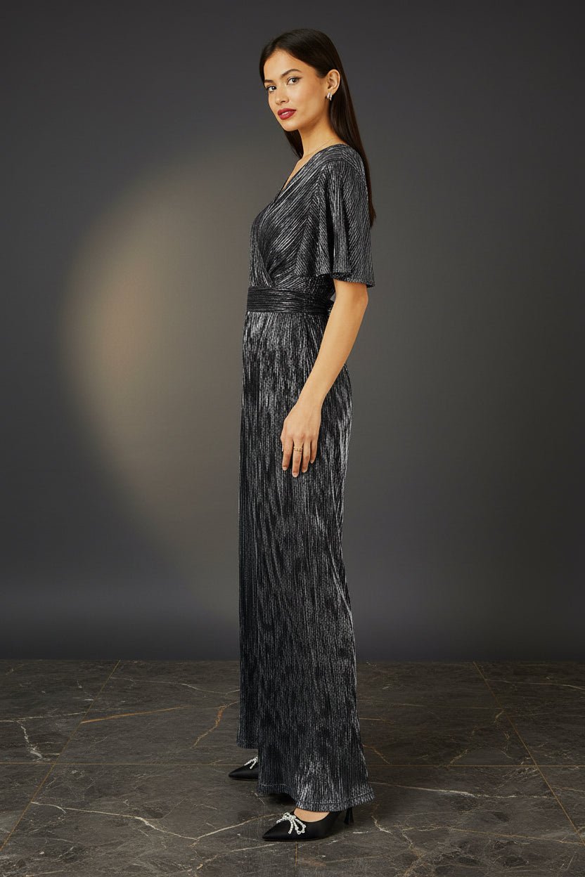 Yumi Black Metallic Pleated Jumpsuit With V Neck - Vintress Fashion