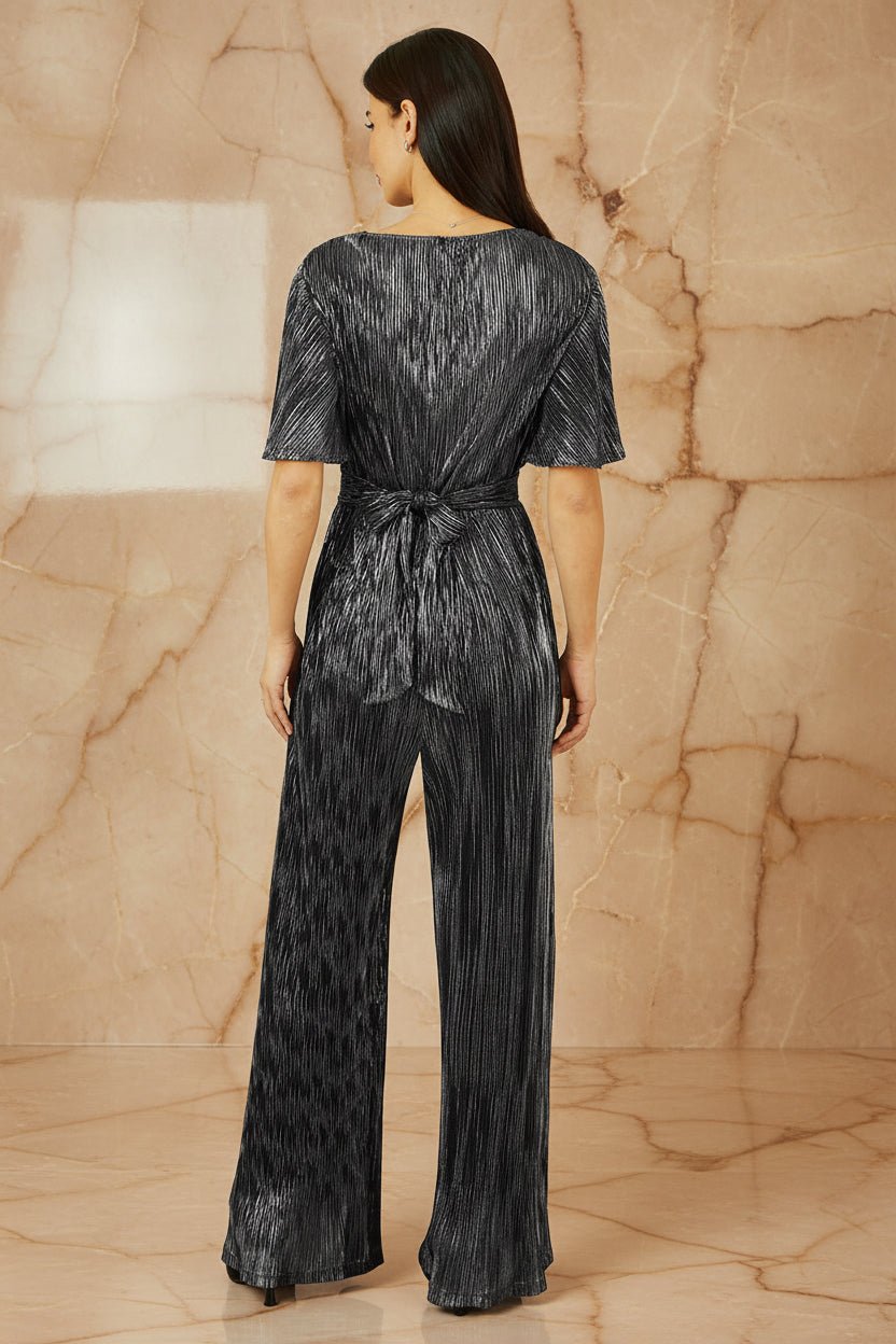 Yumi Black Metallic Pleated Jumpsuit With V Neck - Vintress Fashion