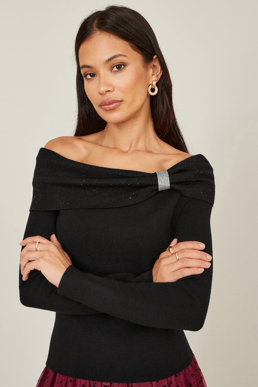 Yumi Black Sparkle Bardot Jumper With Diamante Detail - Vintress Fashion