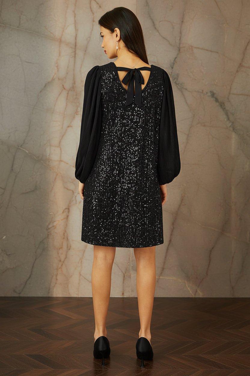 Yumi Black Velvet Sequin Tunic With Long Pleated Sleeves - Vintress Fashion