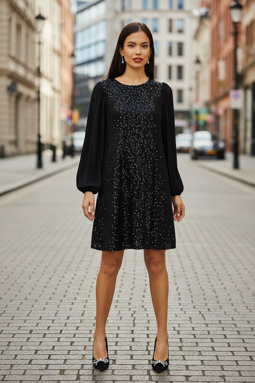 Yumi Black Velvet Sequin Tunic With Long Pleated Sleeves - Vintress Fashion