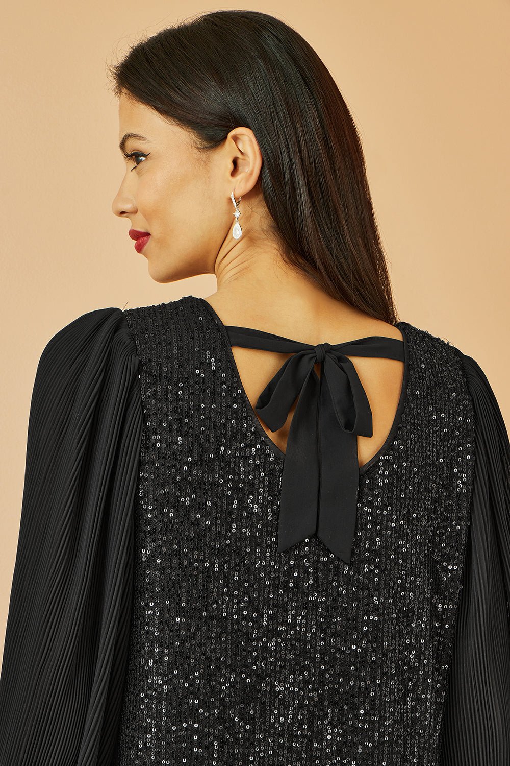 Yumi Black Velvet Sequin Tunic With Long Pleated Sleeves - Vintress Fashion