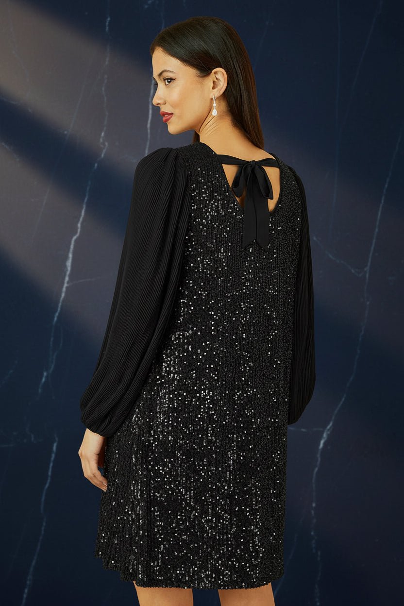 Yumi Black Velvet Sequin Tunic With Long Pleated Sleeves - Vintress Fashion
