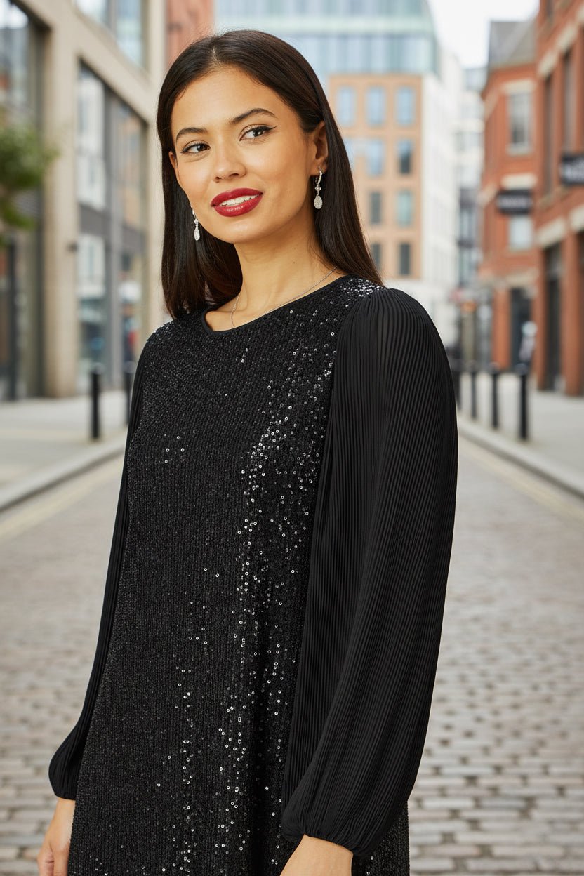 Yumi Black Velvet Sequin Tunic With Long Pleated Sleeves - Vintress Fashion