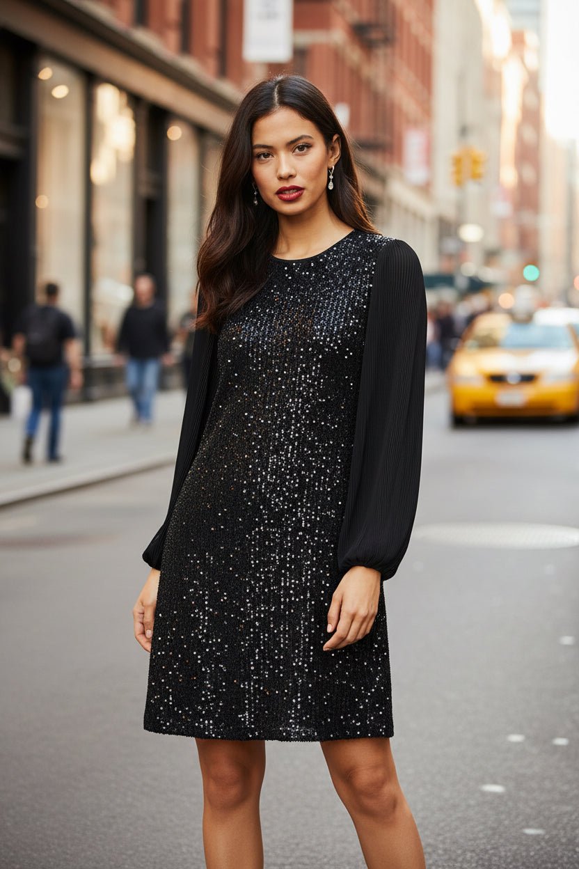Yumi Black Velvet Sequin Tunic With Long Pleated Sleeves - Vintress Fashion