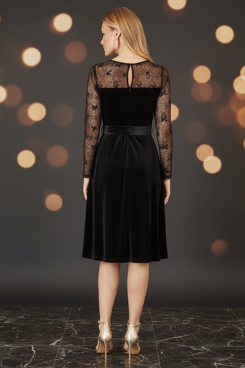 Yumi Black Velvet Skater Dress With Mesh Bow Sleeves - Vintress Fashion