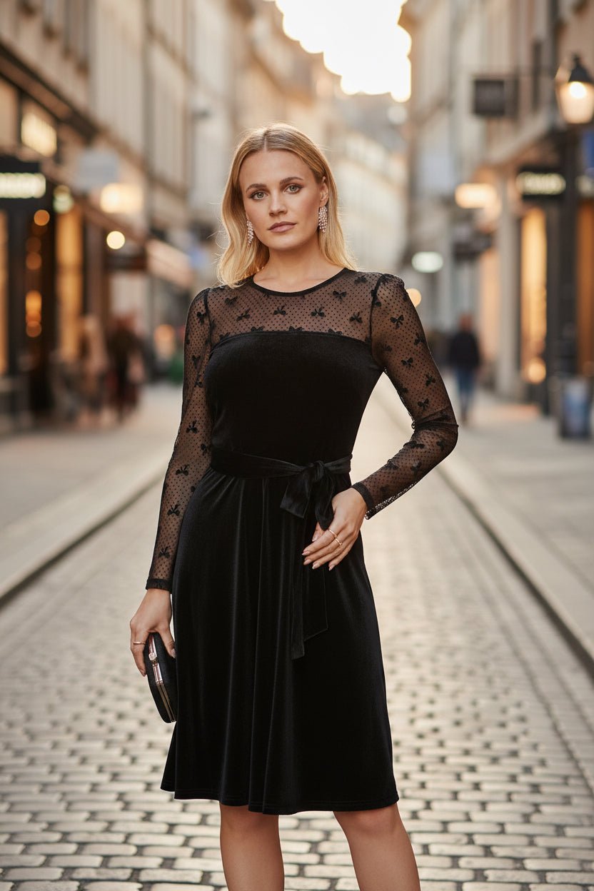 Yumi Black Velvet Skater Dress With Mesh Bow Sleeves - Vintress Fashion