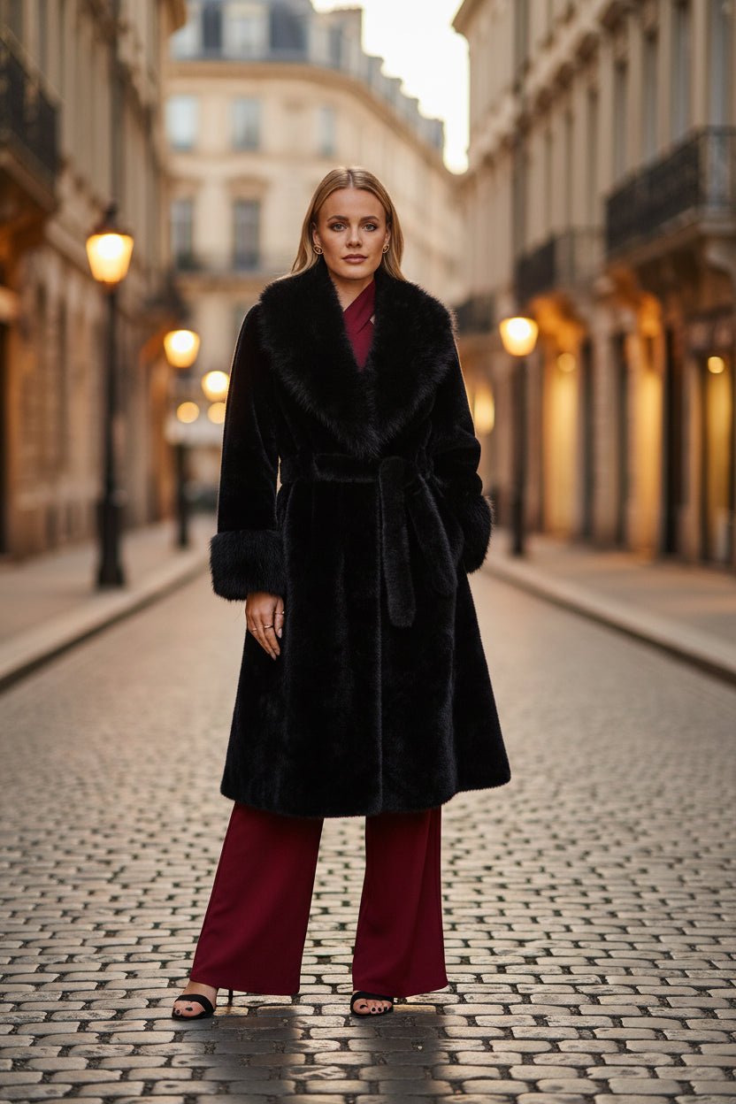 Yumi Black Wrap Faux Fur Coat With Oversize Collar - Vintress Fashion