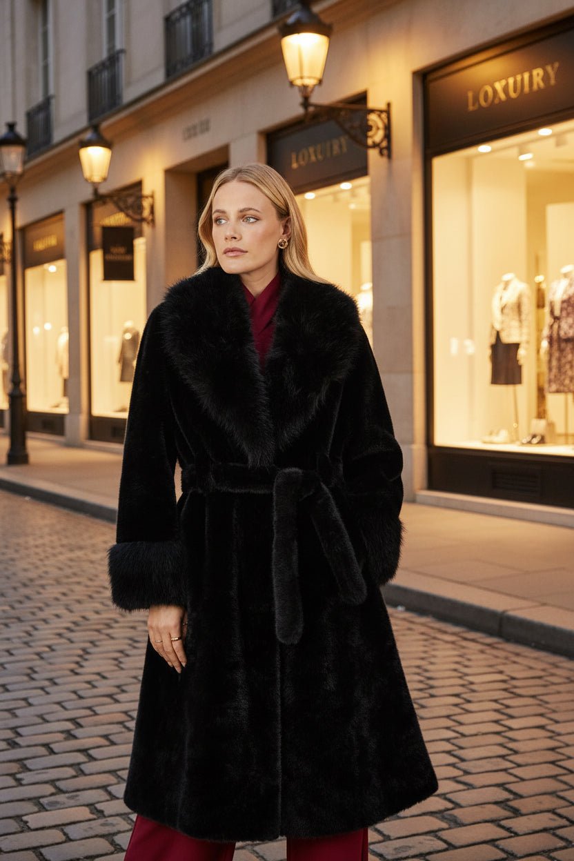 Yumi Black Wrap Faux Fur Coat With Oversize Collar - Vintress Fashion