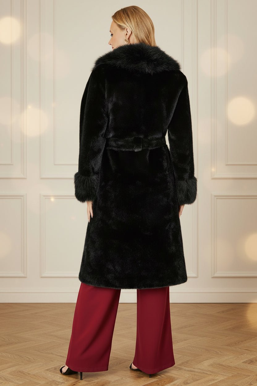 Yumi Black Wrap Faux Fur Coat With Oversize Collar - Vintress Fashion