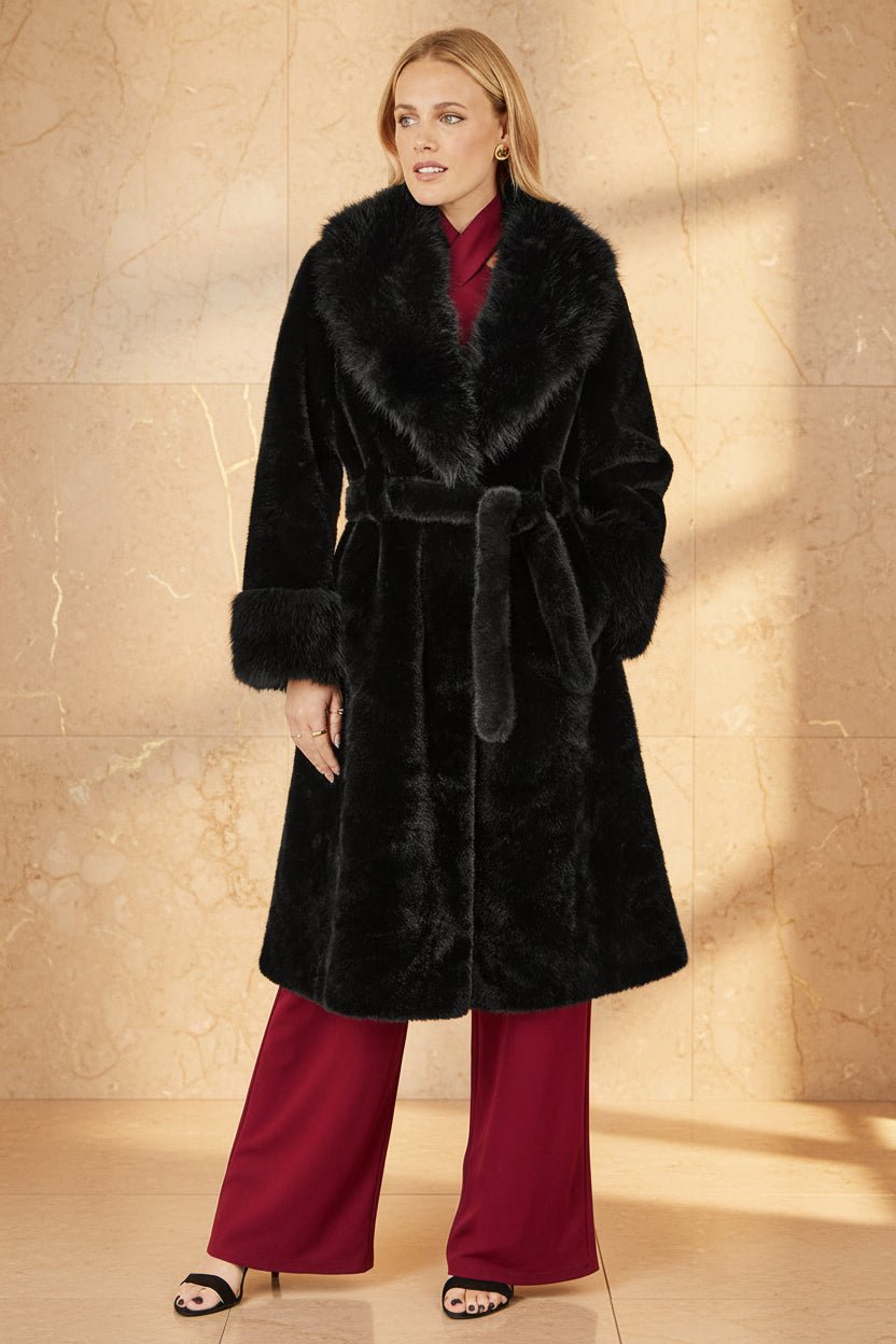 Yumi Black Wrap Faux Fur Coat With Oversize Collar - Vintress Fashion