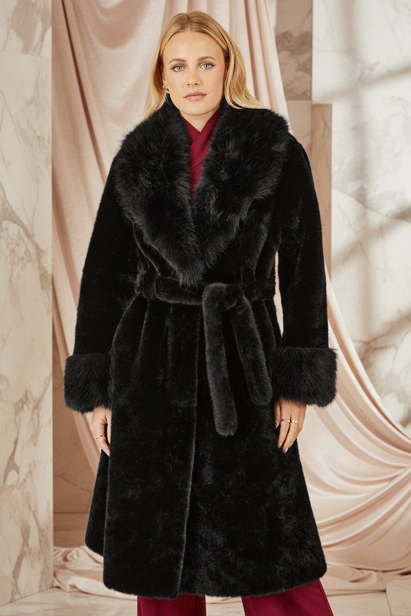 Yumi Black Wrap Faux Fur Coat With Oversize Collar - Vintress Fashion