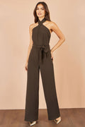 Yumi Brown Cross Over Halter Neck Jumpsuit - Vintress Fashion