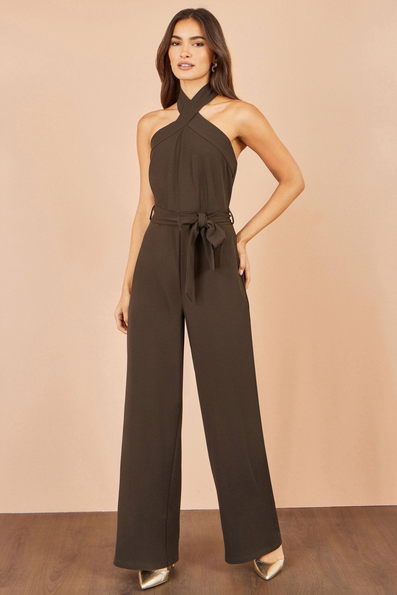 Yumi Brown Cross Over Halter Neck Jumpsuit - Vintress Fashion