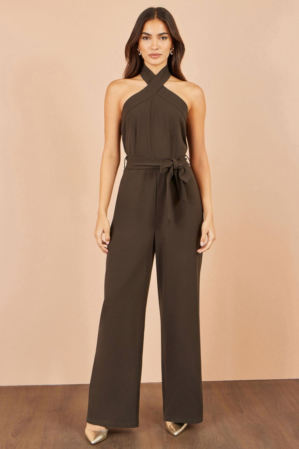 Yumi Brown Cross Over Halter Neck Jumpsuit - Vintress Fashion