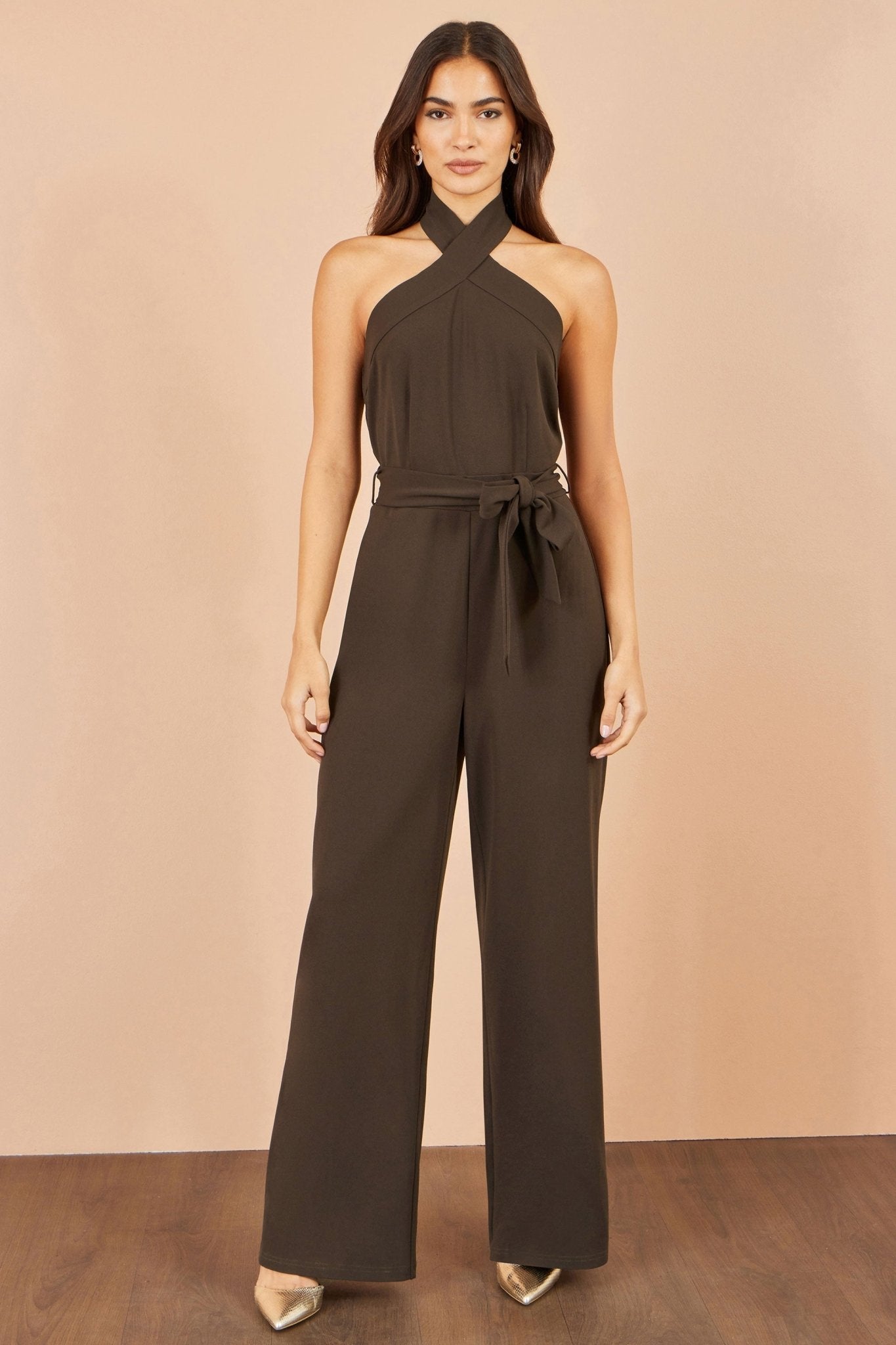 Yumi Brown Cross Over Halter Neck Jumpsuit - Vintress Fashion