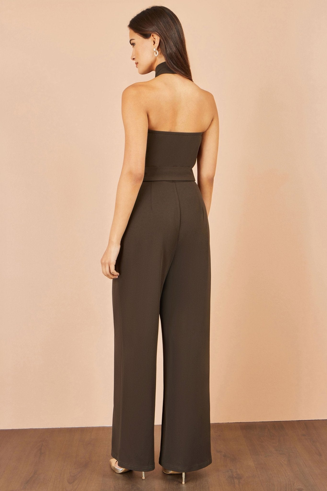Yumi Brown Cross Over Halter Neck Jumpsuit - Vintress Fashion