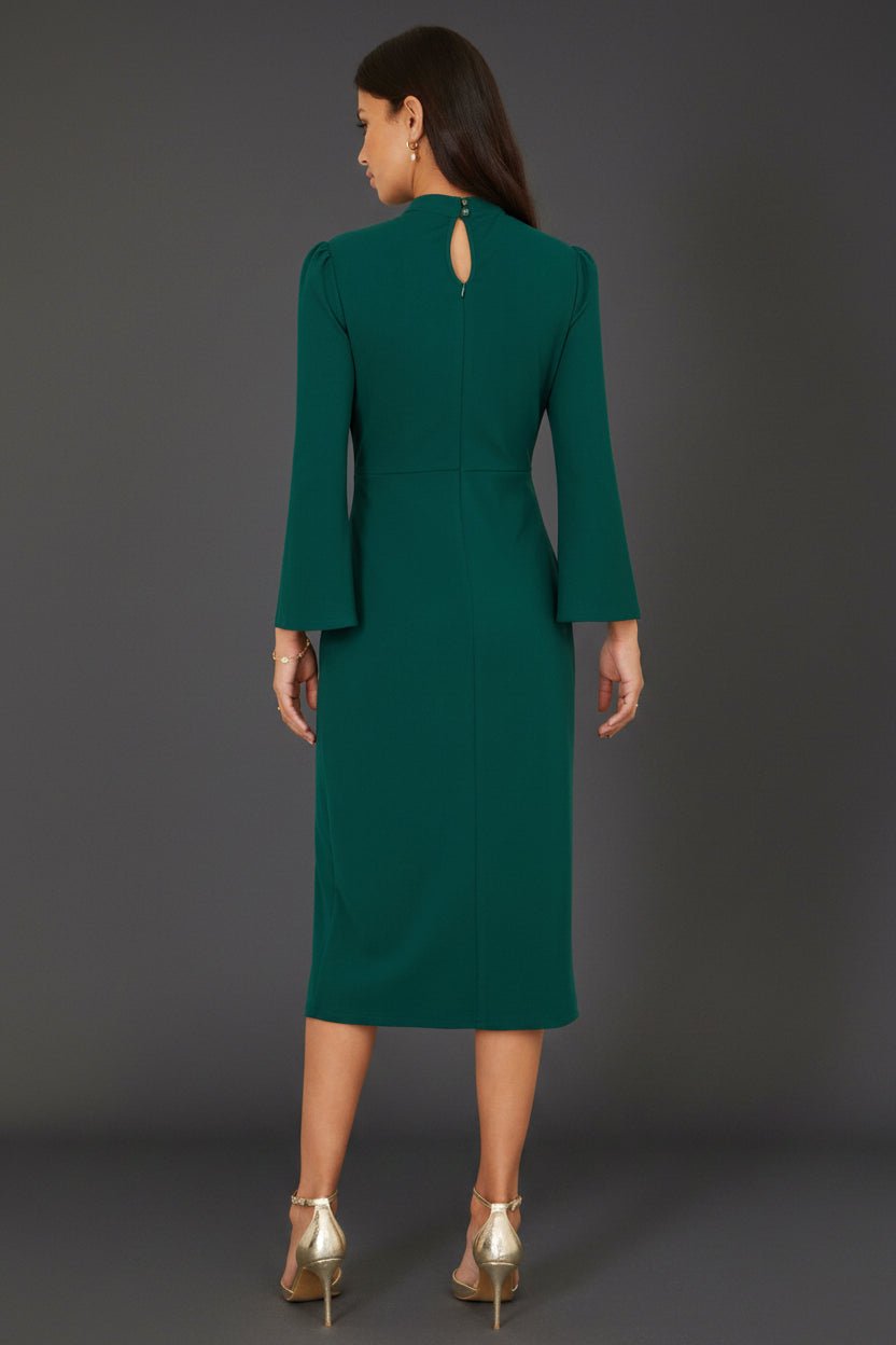 Yumi Green Fitted Midi Dress With Flute Sleeves - Vintress Fashion