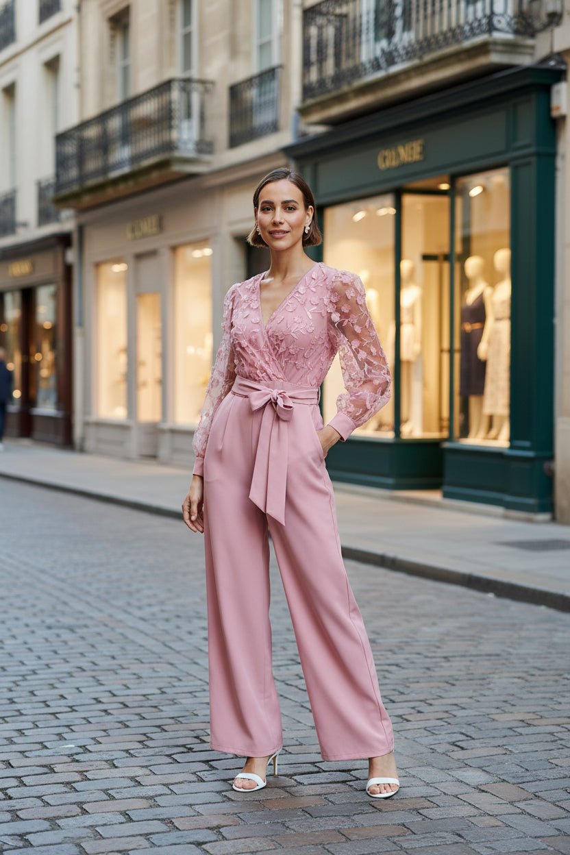 Yumi Pink Flower Applique Jumpsuit - Vintress Fashion