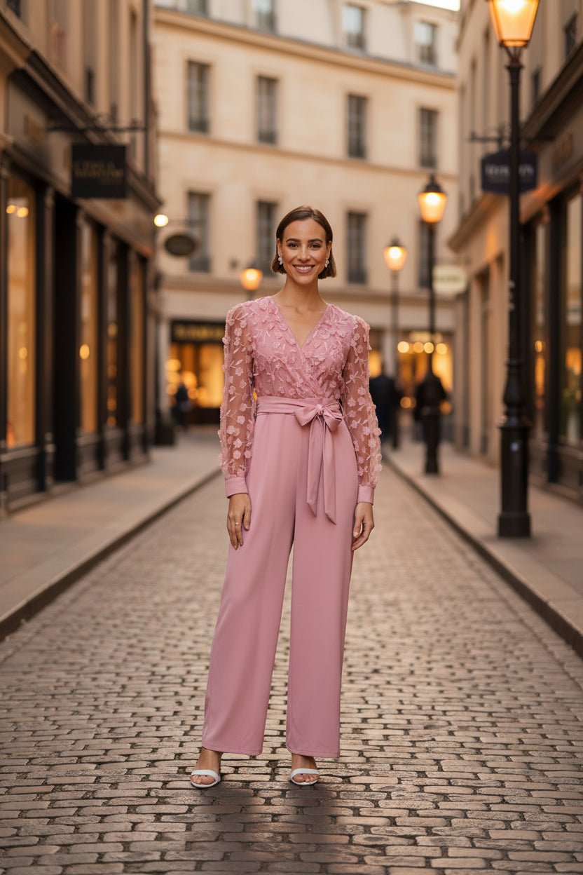 Yumi Pink Flower Applique Jumpsuit - Vintress Fashion