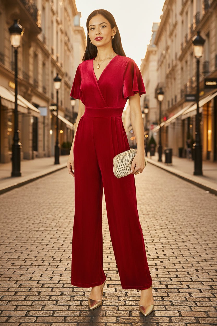 Yumi Red Jumpsuit With Angel Sleeves - Vintress Fashion
