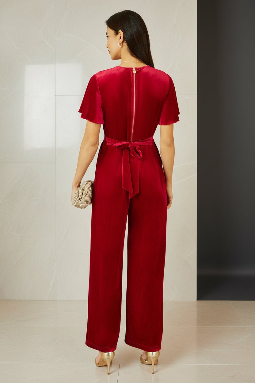Yumi Red Jumpsuit With Angel Sleeves - Vintress Fashion